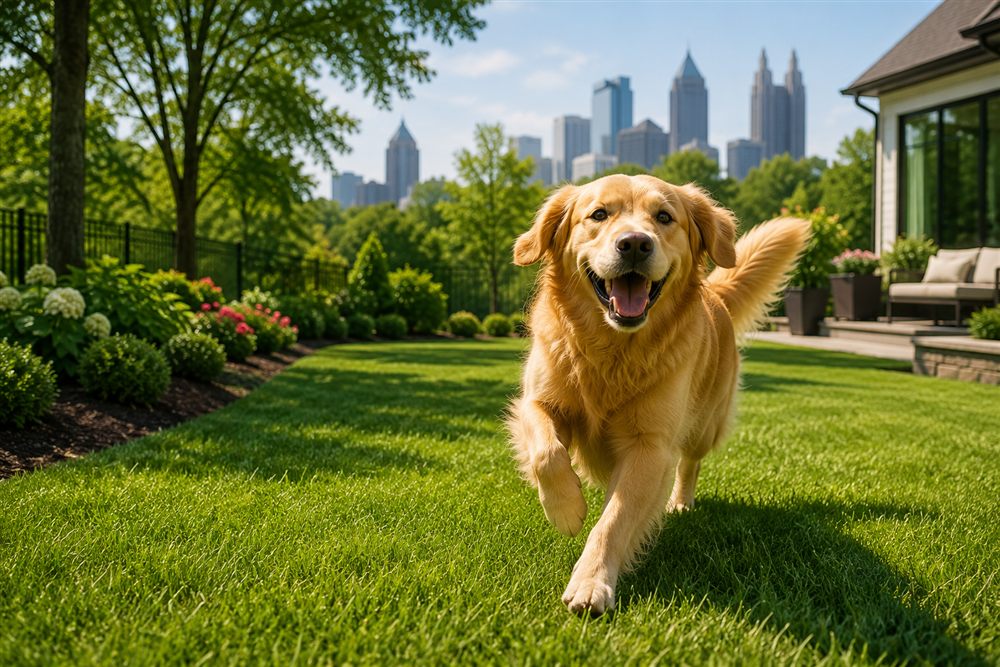 Woman lounging with her dog and the Atlanta skyline in the background