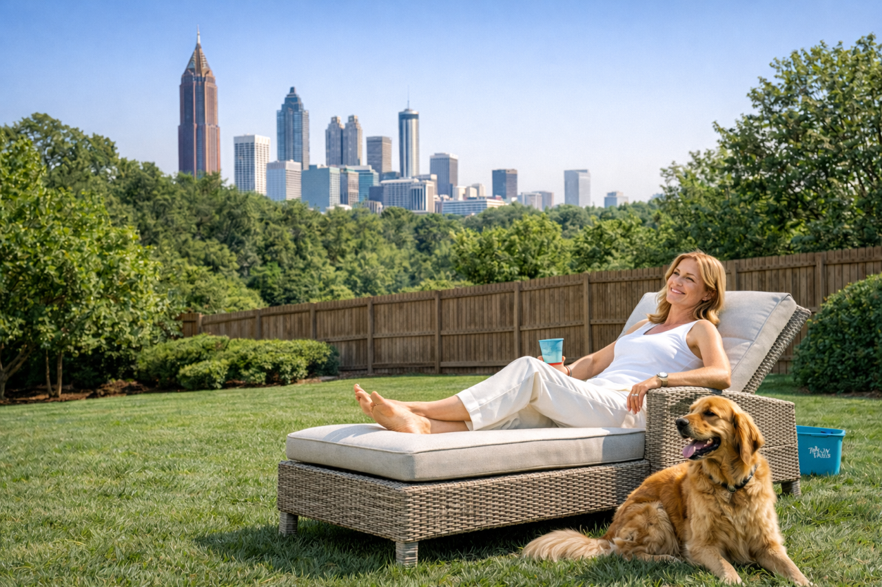 Woman lounging with her dog and the Atlanta skyline in the background