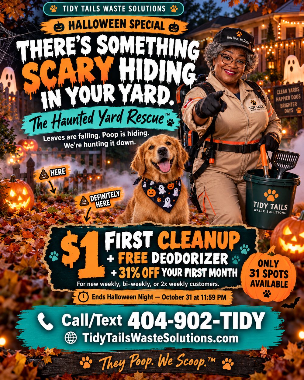Haunted Yard Rescue Halloween flyer with a Tidy Tails cleanup specialist, golden retriever, pumpkins and fall leaves