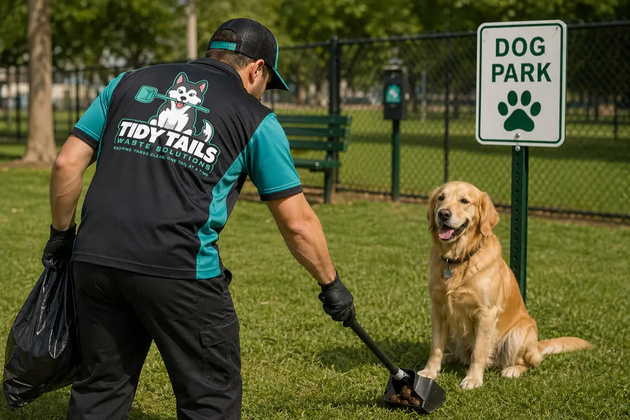 Tidy Tails technician removing pet waste from an Atlanta dog park