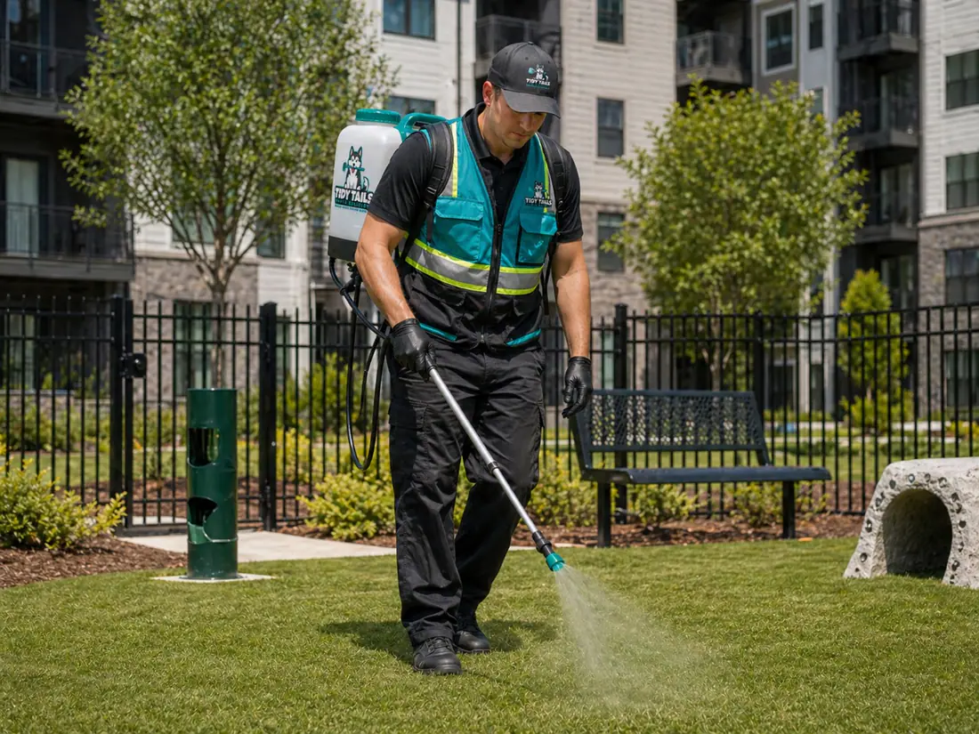 Tidy Tails technician sanitizing a pet relief area at an apartment community