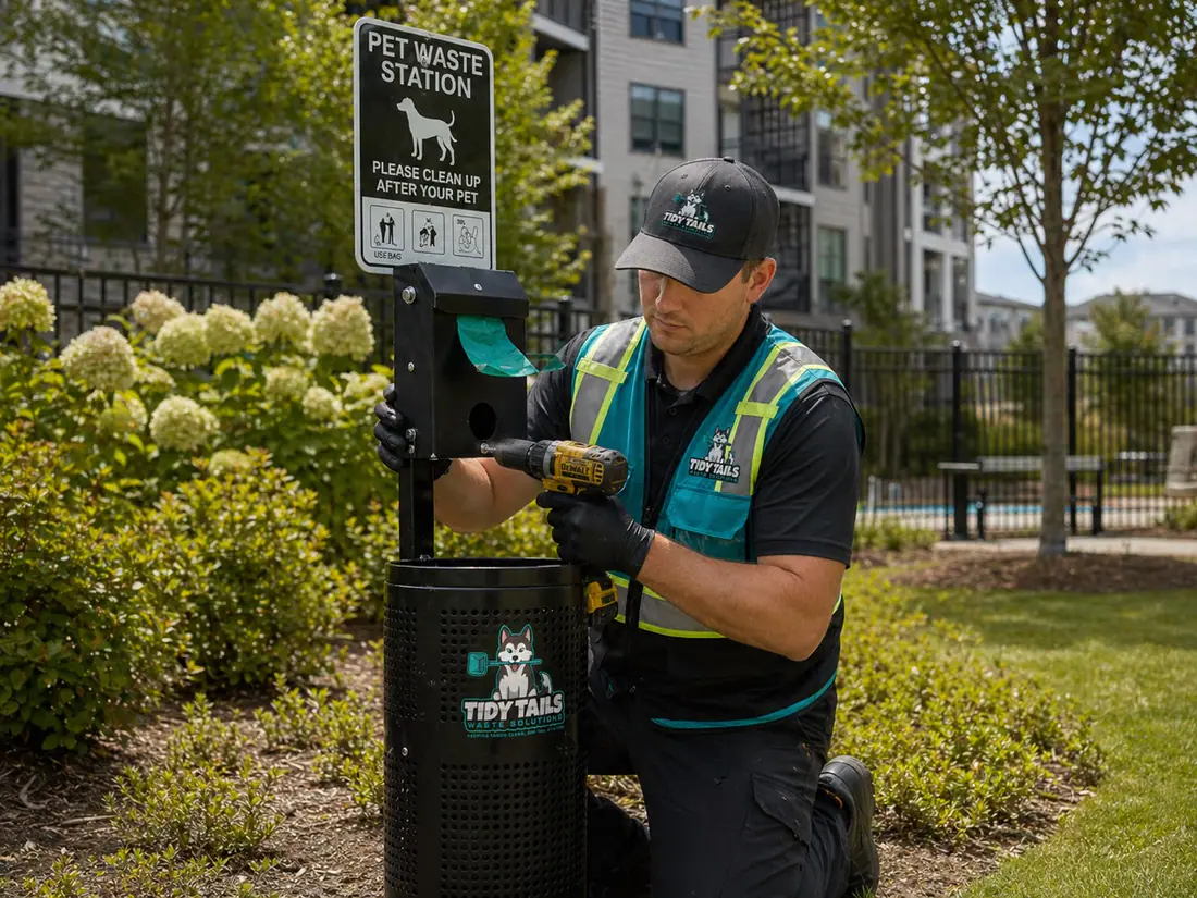 Tidy Tails technician servicing a commercial pet waste station