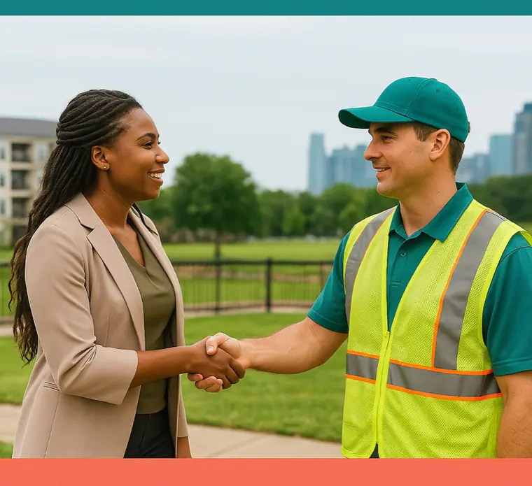 Property manager meeting with a pet waste service technician in Atlanta