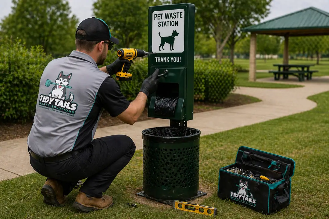Tidy Tails technician installing a pet waste station at a managed community