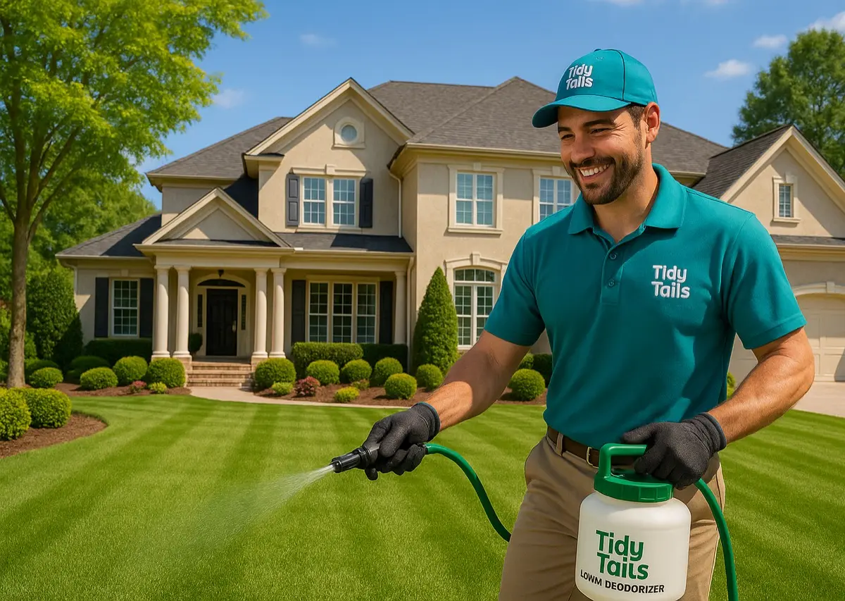 Tidy Tails technician applying lawn deodorizer