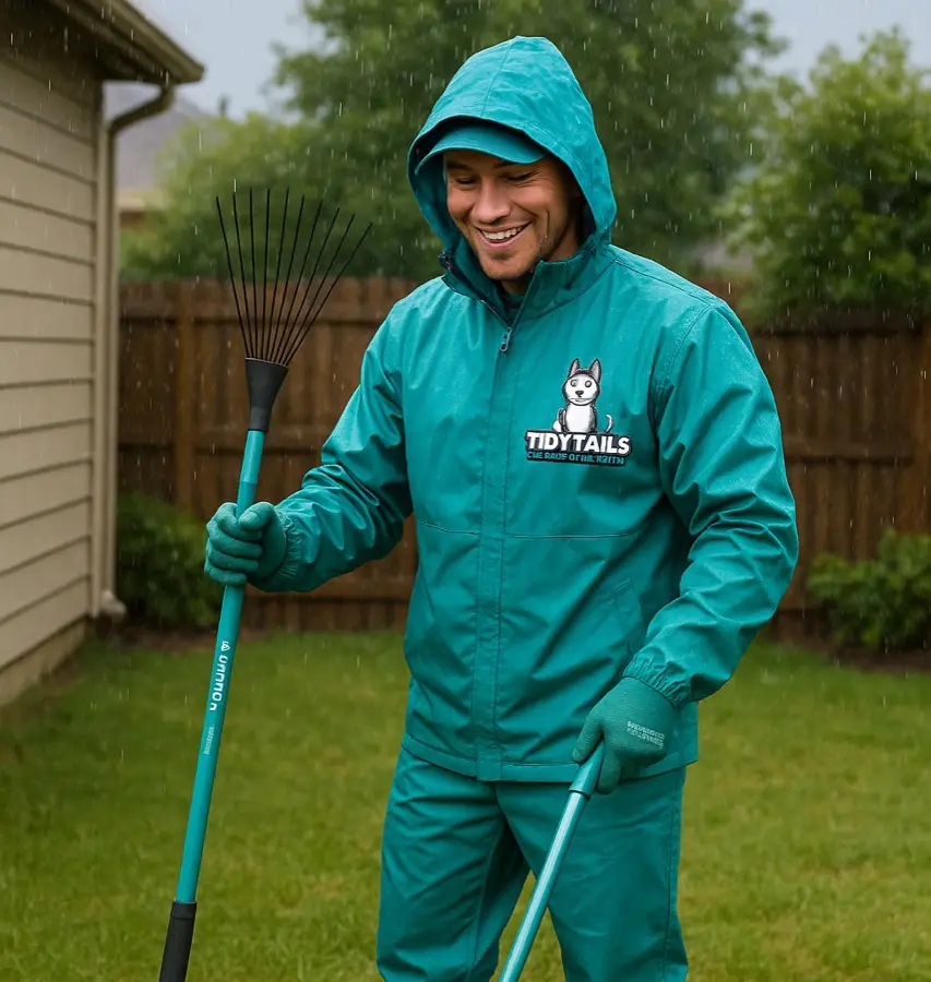 Tidy Tails technician working in rainy weather