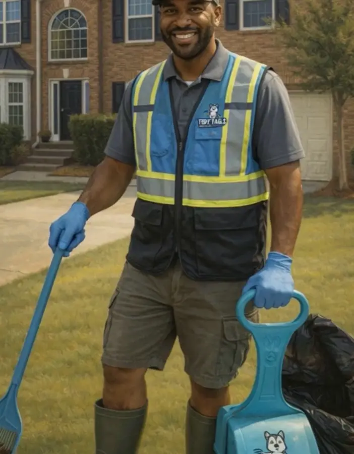 Tidy Tails technician cleaning a yard