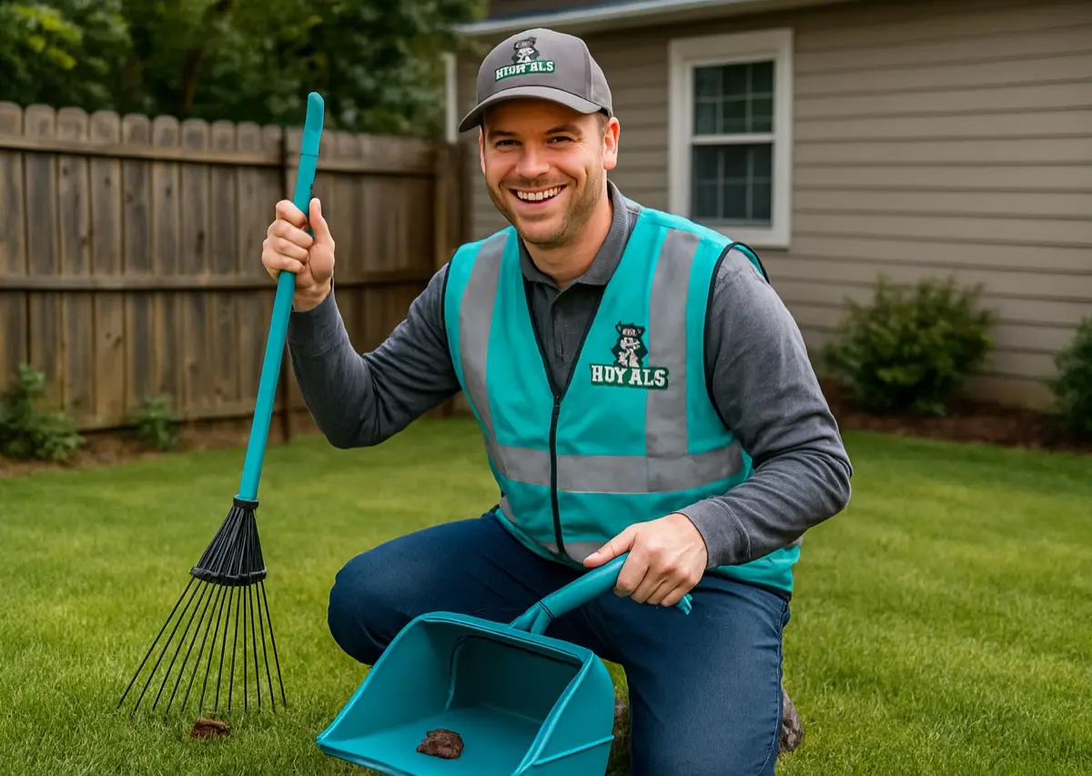 Tidy Tails technician raking a yard