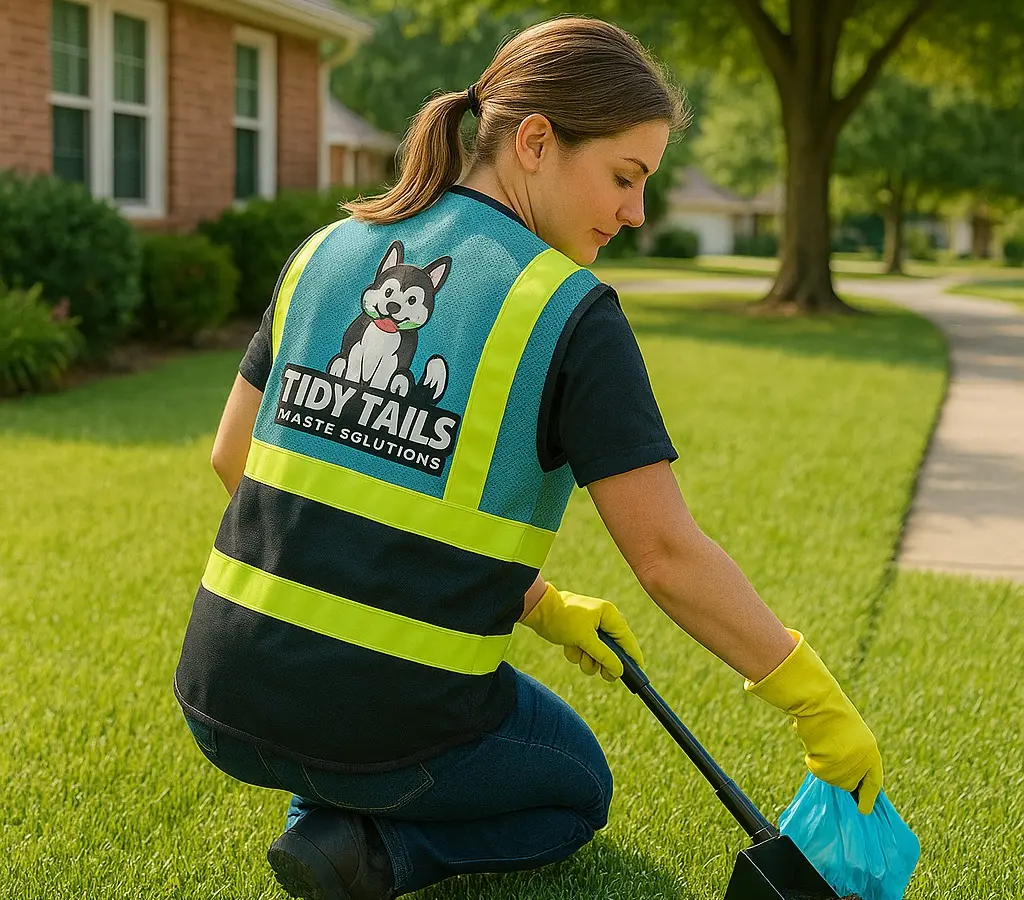 Tidy Tails technician cleaning a suburban yard
