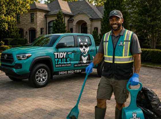 Tidy Tails technician next to the teal Tidy Tails truck