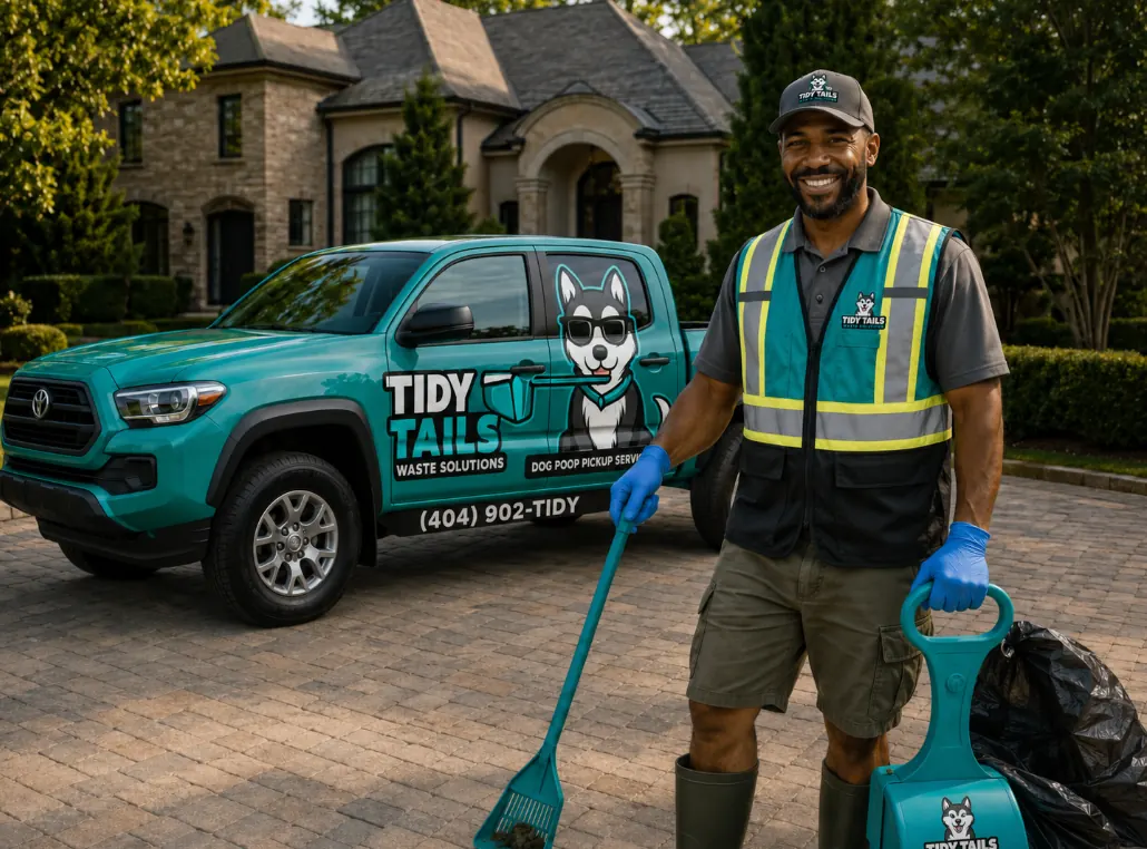 Tidy Tails technician next to the teal Tidy Tails truck