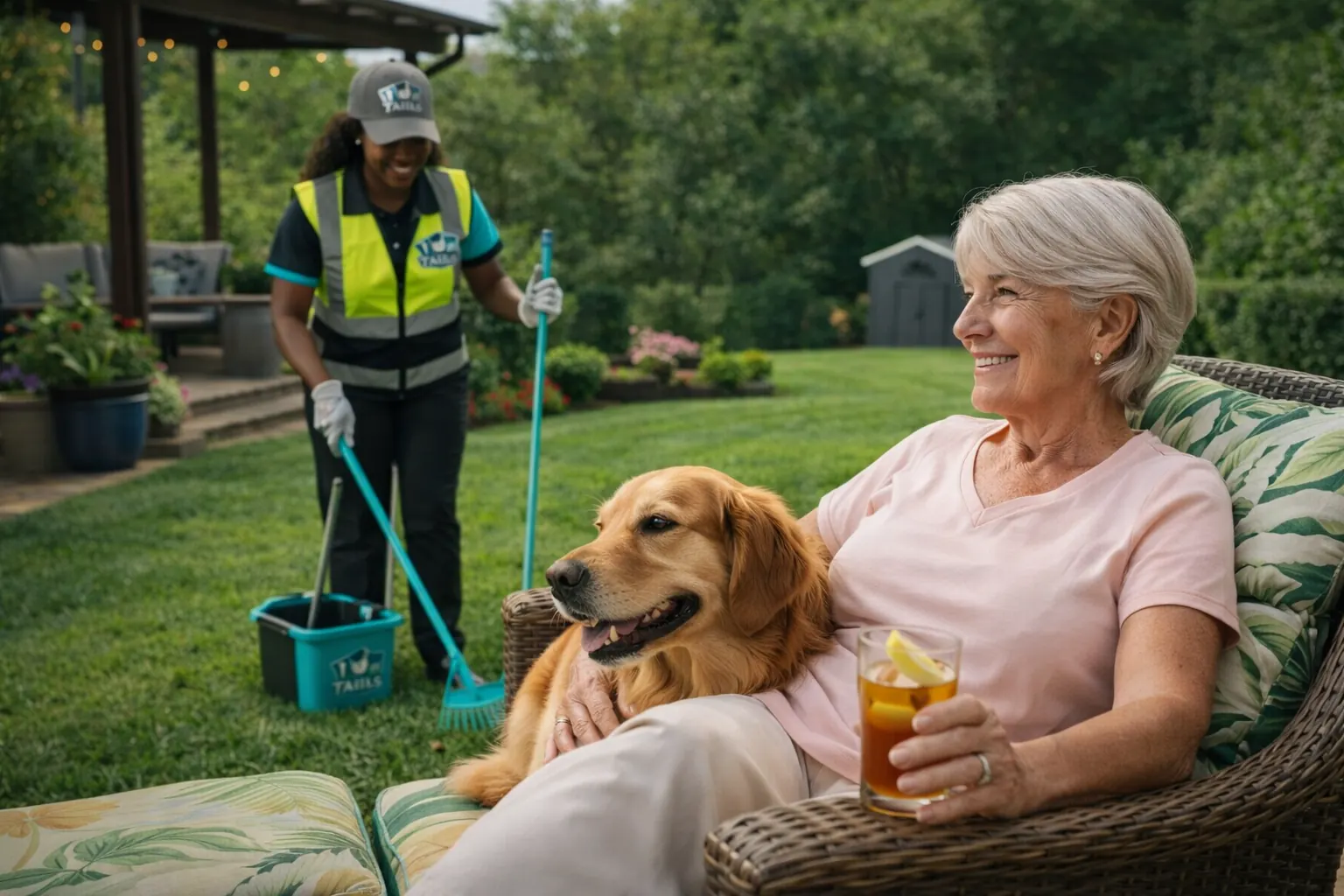 Woman with a Golden Retriever relaxing on a patio lounger