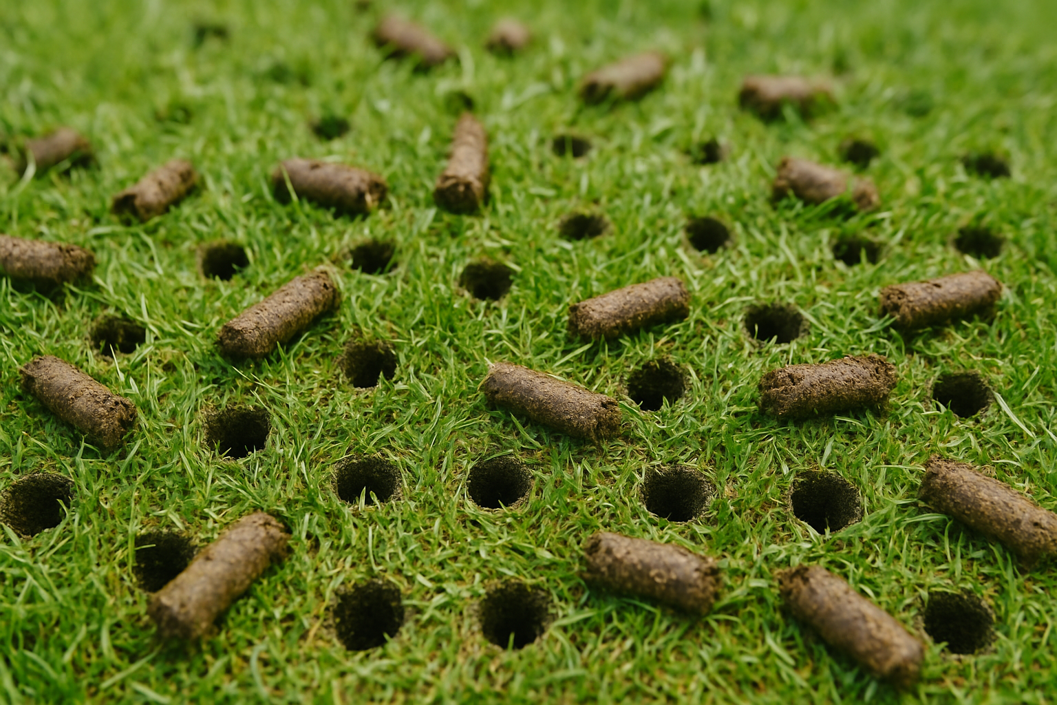 Close-up of lawn aeration with soil plugs and holes in healthy green grass, demonstrating professional core aeration service to improve lawn health, reduce soil compaction, and promote stronger root growth.